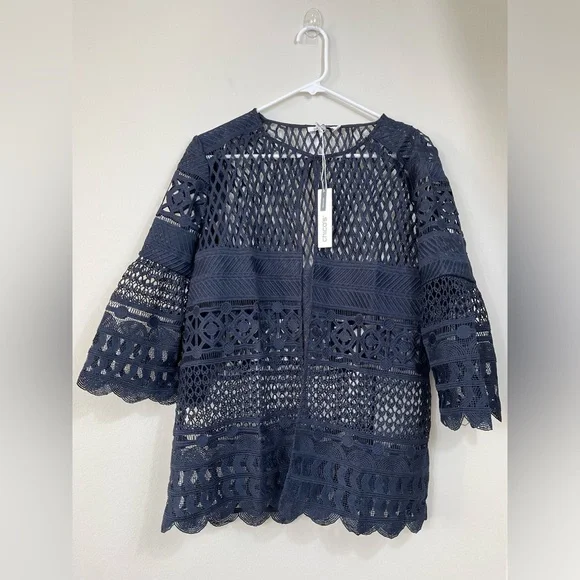 Chic Navy Lace Travelers Collection Crochet Jacket Career Events Classic Size 2